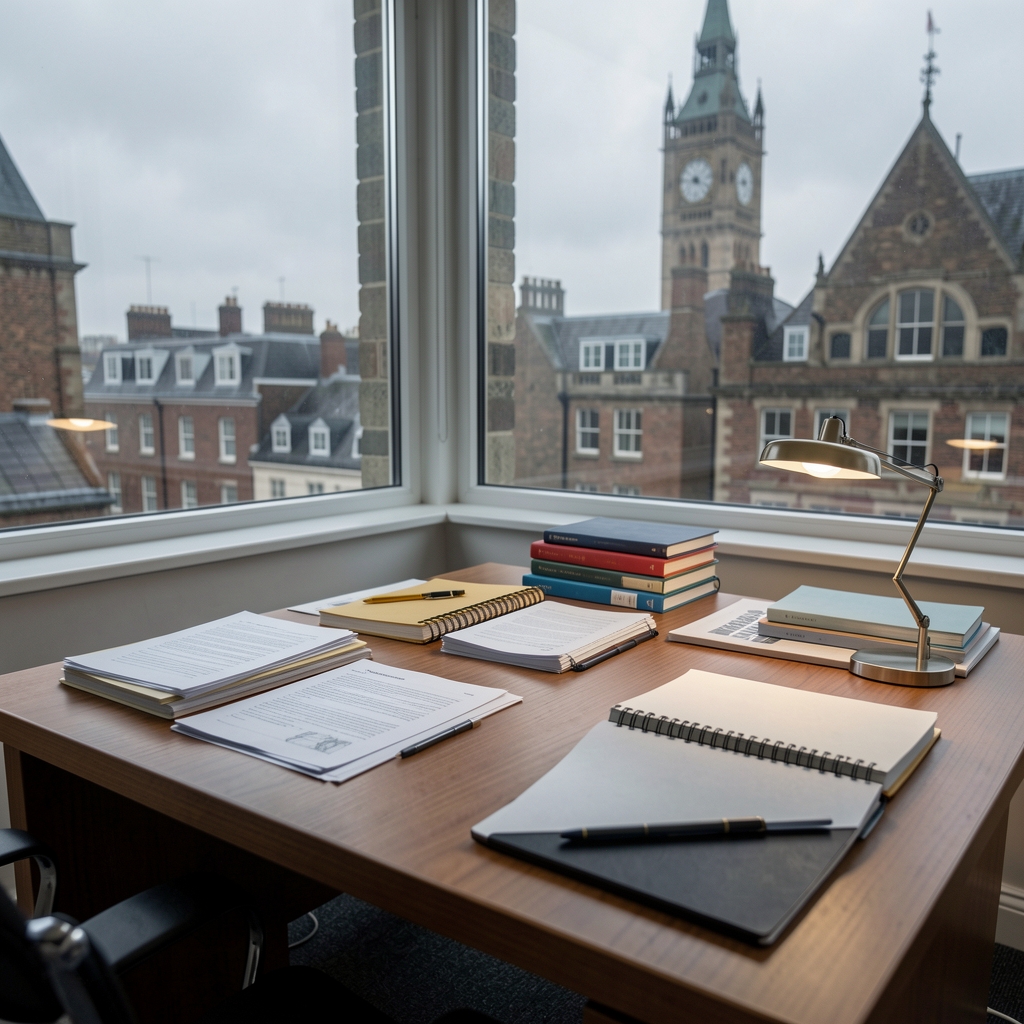 A quiet editorial desk in a London office with papers, notebooks, and a window overlooking a grey morning sky