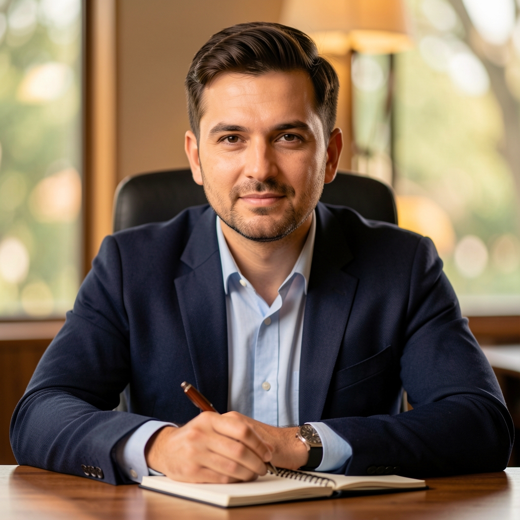 Portrait of a male editorial contributor seated at a desk with a notebook, warm indoor lighting, focused and composed