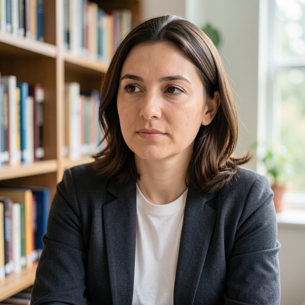 Portrait of a female writer and researcher sitting near bookshelves with natural daylight, calm and thoughtful expression