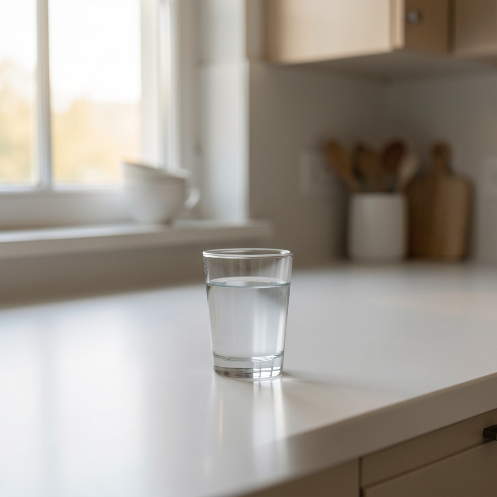 Early morning kitchen scene with a glass of water on a minimal countertop, soft natural light through the window, calm and unhurried