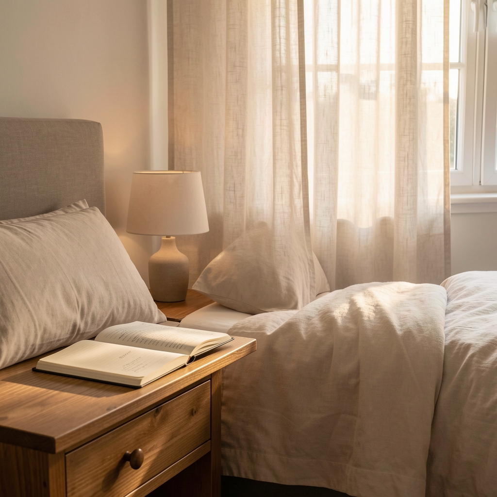 Quiet bedroom at dawn with soft morning light filtering through linen curtains, a bedside notebook open on the wooden nightstand