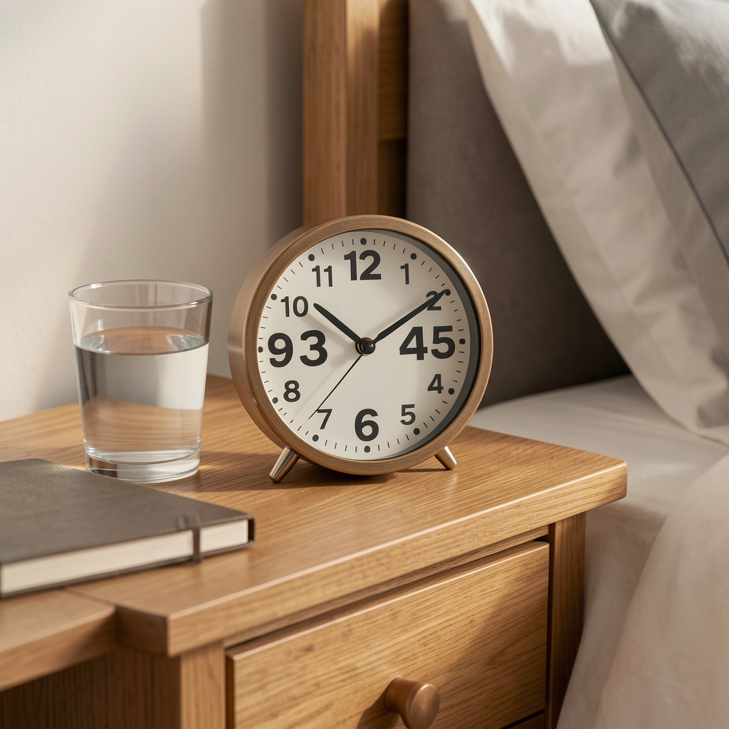 Close-up of a bedside clock at 23:45 on a wooden nightstand beside a glass of water and a closed notebook